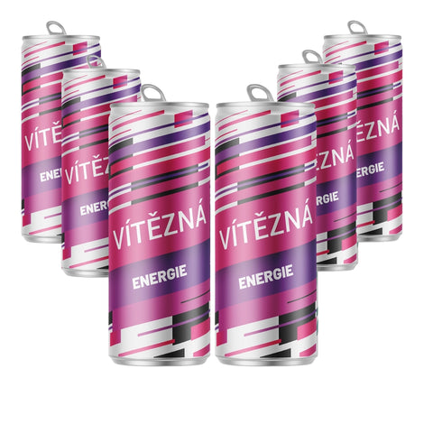 Vítězný energy drink v plechovce s potiskem