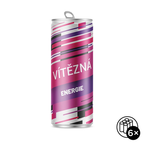 Vítězný energy drink v plechovce s potiskem